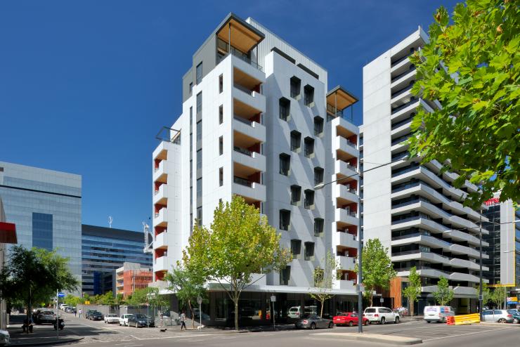 The stylish, upscale, 10-story Forte apartment complex, near the water’s edge in Melbourne’s Victoria Harbour, was built in 2012 with cross laminated timber (CLT), whose structural strength is akin to that of concrete and steel
