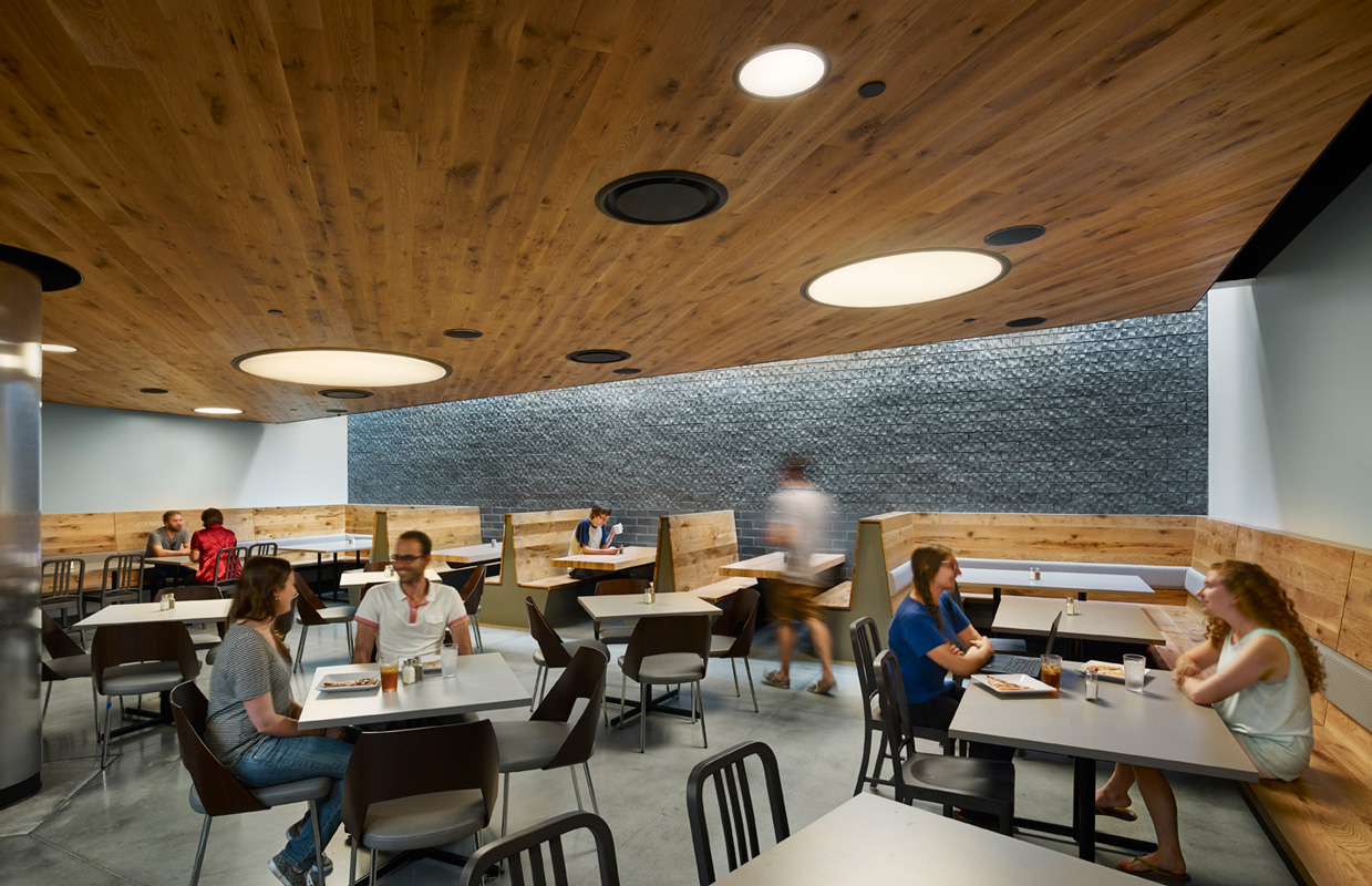 University of Delaware Academy Street Dining Hall STEAMBOAT wide plank white oak ceiling and wall cladding by reSAWN TIMBER co.
