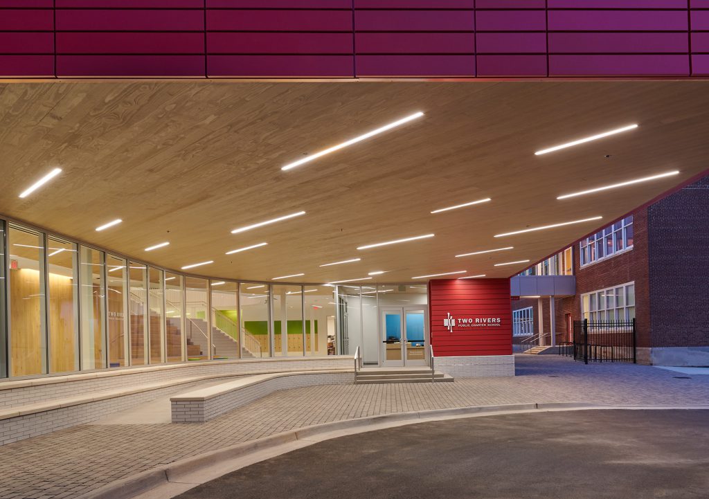 Two Rivers Charter School featuring AMITY European White Oak Interior Cladding and Ceiling Cladding and PALAWAN Accoya Soffits